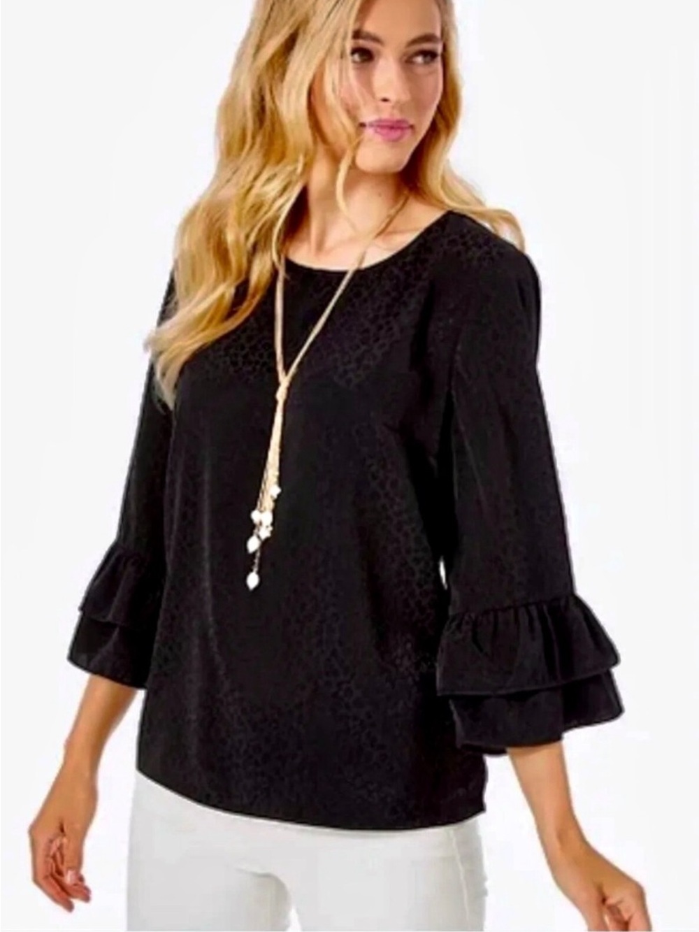 Lilly Pulitzer Christie Flounce Top Onyx Jacquard Leopard Print